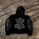 100% Cotton Rhinestone 400GSM Oversized Streetwear Zip up  Men's Sweatshirts Hoodies