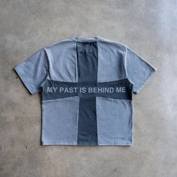 Screen Print Designer Patchwork Color Block Cotton Vintage Acid Wash T Shirt for Men - Image 2