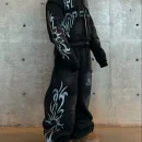 Casual Flare Baggy Pants Distressed Washed Zipper Hoodie Sweatpants and Hoodie Set