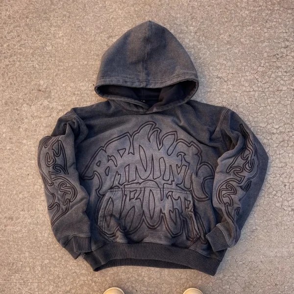 Drop Shoulder Boxy Cotton Vintage Patch Embroidery Sun Faded Oversized Pullover Acid Wash Hoodie