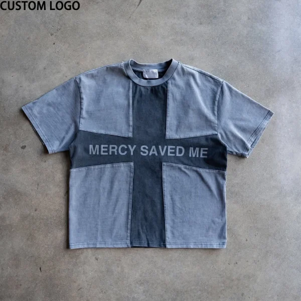 Screen Print Designer Patchwork Color Block Cotton Vintage Acid Wash T Shirt for Men