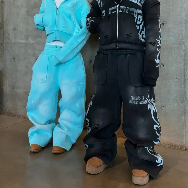 Casual Flare Baggy Pants Distressed Washed Zipper Hoodie Sweatpants and Hoodie Set - Image 5