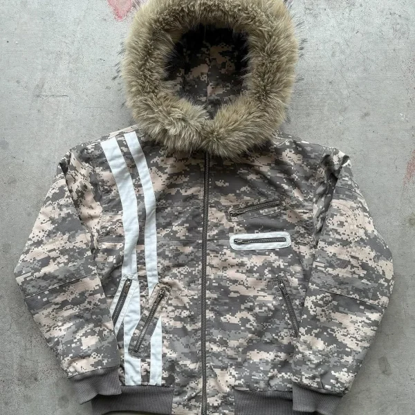 Zipper Pockets Winter Cotton Cropped Boxy Fit Camouflage With Faux Fur Men's Jackets