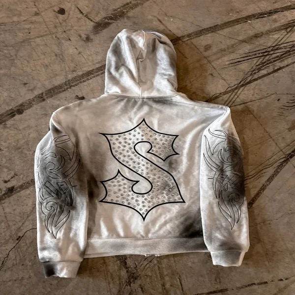 100% Cotton Rhinestone 400GSM Oversized Streetwear Zip up  Men's Sweatshirts Hoodies - Image 3