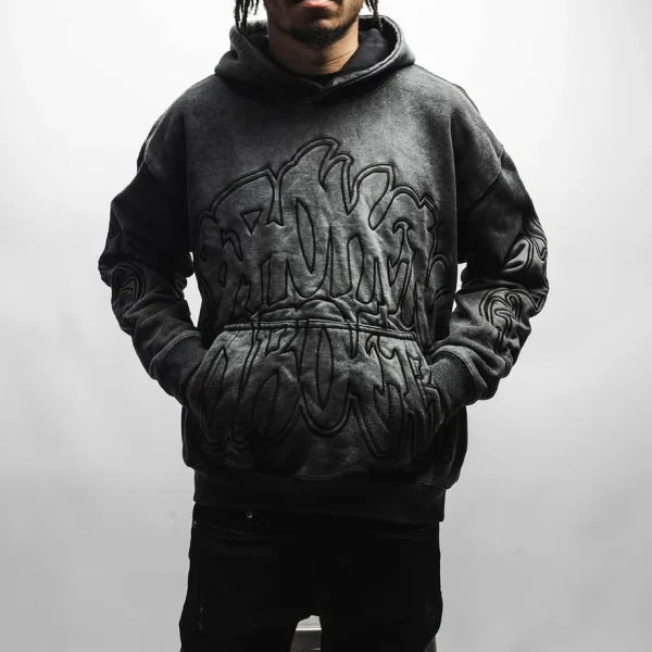 Drop Shoulder Boxy Cotton Vintage Patch Embroidery Sun Faded Oversized Pullover Acid Wash Hoodie - Image 6