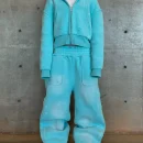 Casual Flare Baggy Pants Distressed Washed Zipper Hoodie Sweatpants and Hoodie Set