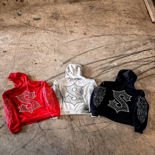 100% Cotton Rhinestone 400GSM Oversized Streetwear Zip up  Men's Sweatshirts Hoodies - Image 5