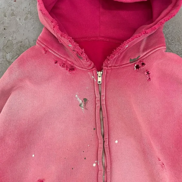 Distressed Sun Faded Zipper 100% Cotton Heavyweight Acid Wash Vintage French Terry Hoodie - Image 3