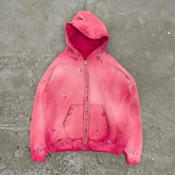 Distressed Sun Faded Zipper 100% Cotton Heavyweight Acid Wash Vintage French Terry Hoodie