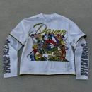 Graphic Dtg Printed Washed Drop Shoulder Distressed Men Cotton Double Layer Long Sleeve T-shirt