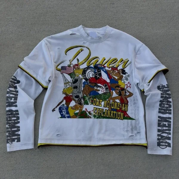 Graphic Dtg Printed Washed Drop Shoulder Distressed Men Cotton Double Layer Long Sleeve T-shirt