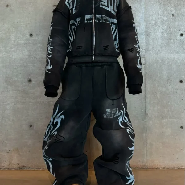Casual Flare Baggy Pants Distressed Washed Zipper Hoodie Sweatpants and Hoodie Set - Image 3
