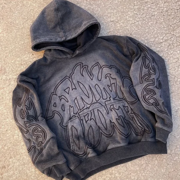 Drop Shoulder Boxy Cotton Vintage Patch Embroidery Sun Faded Oversized Pullover Acid Wash Hoodie - Image 2