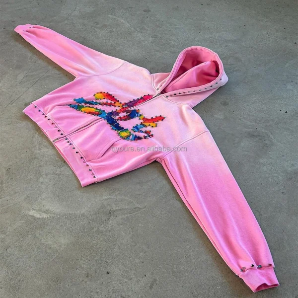 DTG 100% Cotton Terry Oversized Sunfaded Acid Washed Mens Zip up Rhinestone Hoodie - Image 3