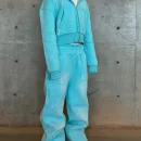 Casual Flare Baggy Pants Distressed Washed Zipper Hoodie Sweatpants and Hoodie Set