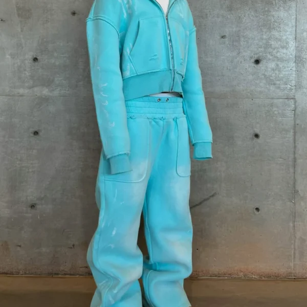 Casual Flare Baggy Pants Distressed Washed Zipper Hoodie Sweatpants and Hoodie Set - Image 2