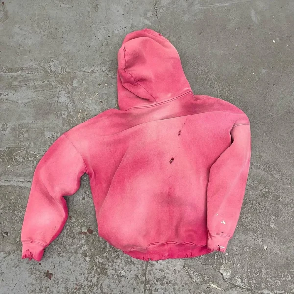 Distressed Sun Faded Zipper 100% Cotton Heavyweight Acid Wash Vintage French Terry Hoodie - Image 2