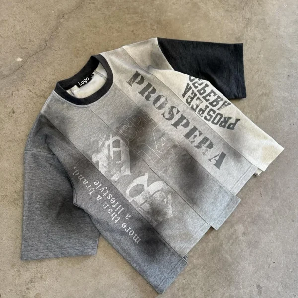 Printing Dirty Acid Wash Hem Cut Sew Splicing Streatwear Boxy Fit Oversized Tshirts for Men - Image 4