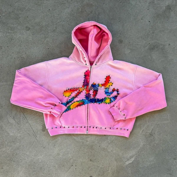 DTG 100% Cotton Terry Oversized Sunfaded Acid Washed Mens Zip up Rhinestone Hoodie - Image 2